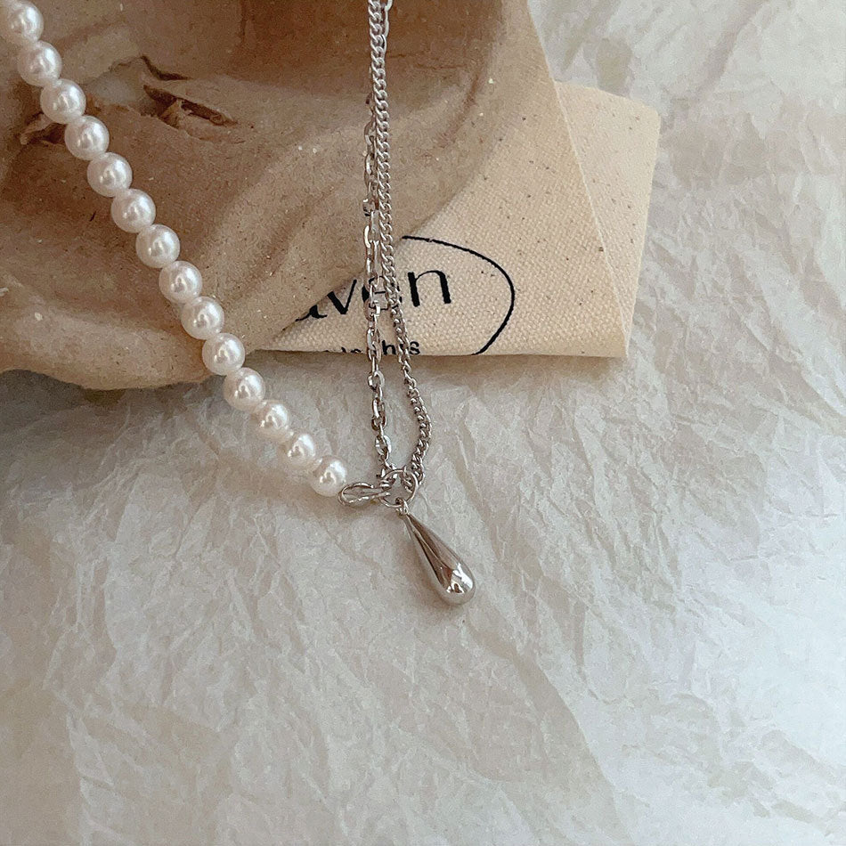 Minimalist Waterdrop-Shaped 925 Sterling Silver Necklace with Simulated Crystal and Pearl Pendant for Women