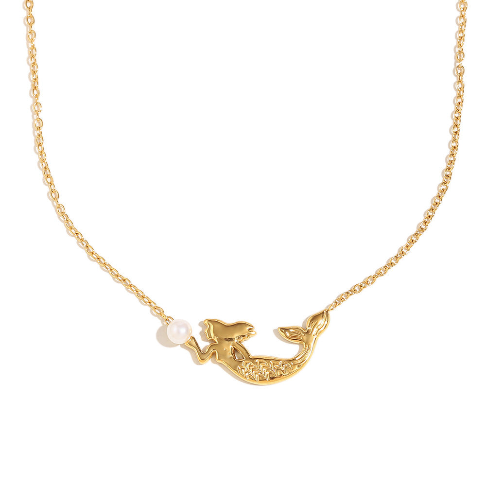 Set di collana e bracciale da donna con ciondolo a sirena, minimalista, in acciaio inossidabile con placcatura in oro 18 carati e perle simulate