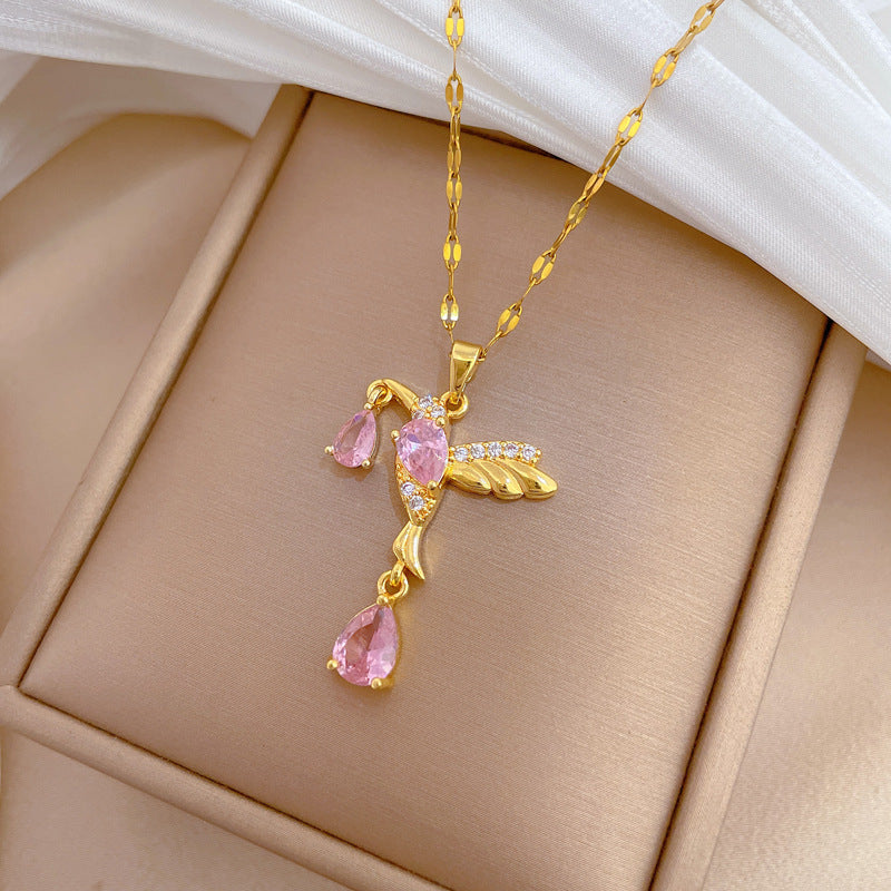 Sweet Geometric Cartoon Swallow Rhinestone Pendant Necklace Titanium Steel Cable Chain for Unisex