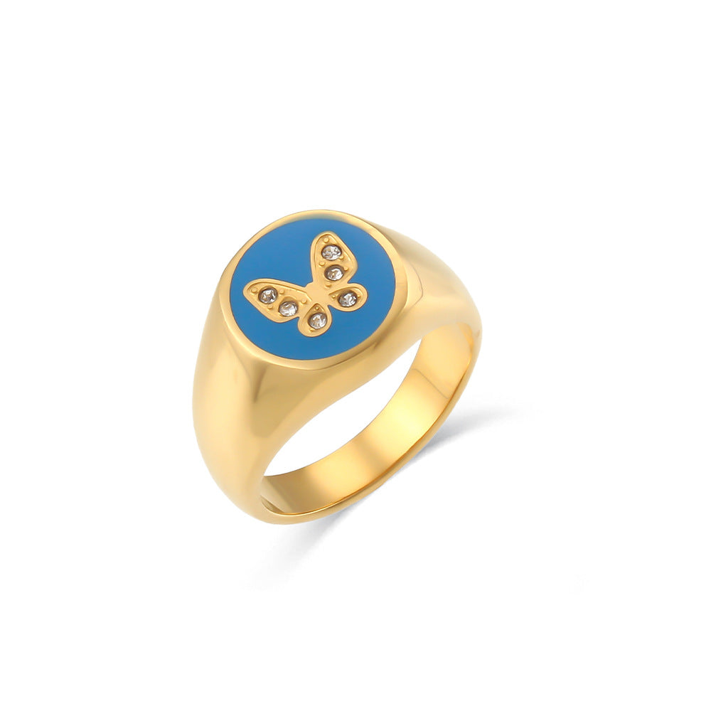 Anillo Geométrico de Mariposa Esmaltado de Circones de Acero Inoxidable Chapado en Oro de 18K Estilo Vintage para Mujer