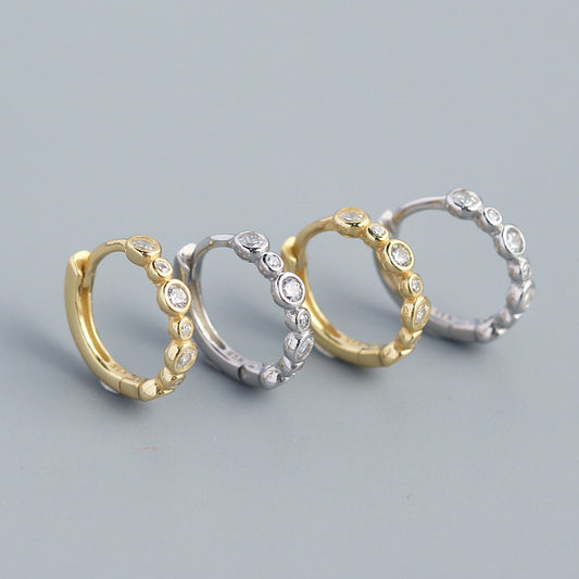 Pendientes de aro minimalistas de plata de ley 925 con diseño geométrico redondo con diamantes incrustados para mujer