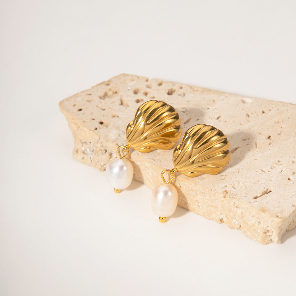 Pendientes geométricos de acero inoxidable con baño de oro y colgante de perla de agua dulce para mujer