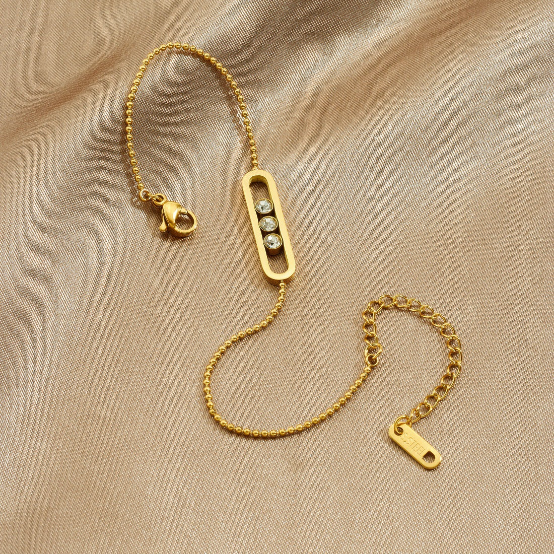 Minimalist Gold Plated Geometric Rhinestone Bar Stainless Steel Ball Chain Bracelet for Women