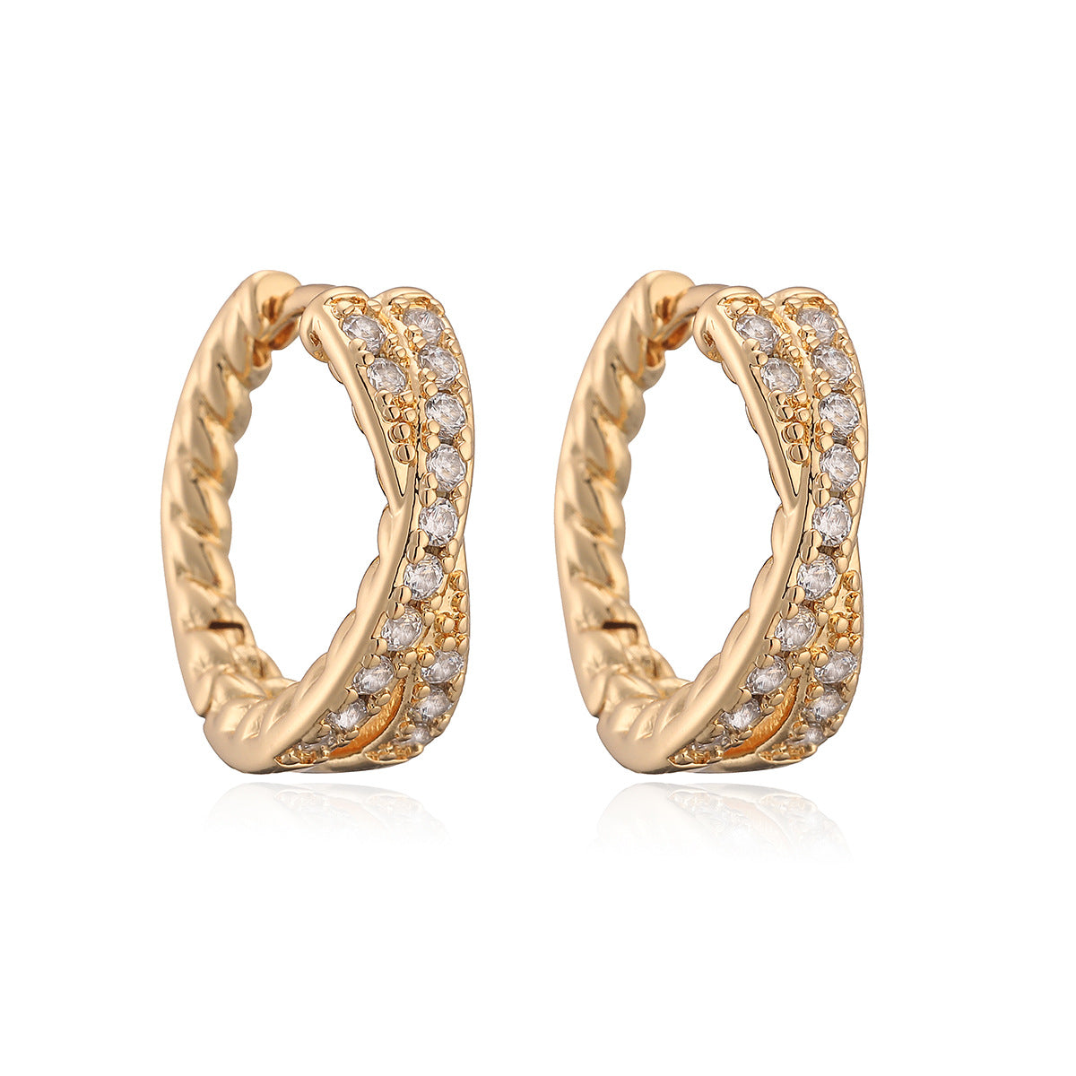 Vintage 18K Gold Plated Brass Geometric Cubic Zirconia Hoop Earrings for Women