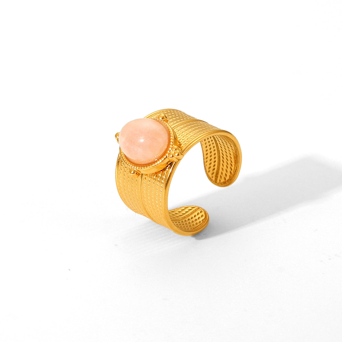 Vintage Geometric Stainless Steel Open Ring for Women with Electroplated Finish and Natural Stone Inlay