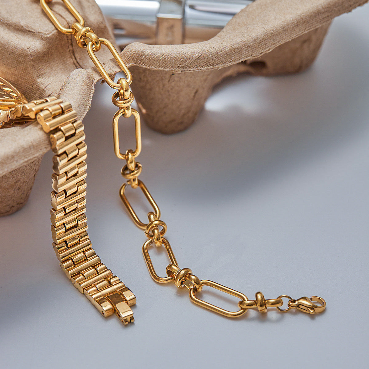Geometric Plated Stainless Steel Cuban Link Chain Bracelet for Women
