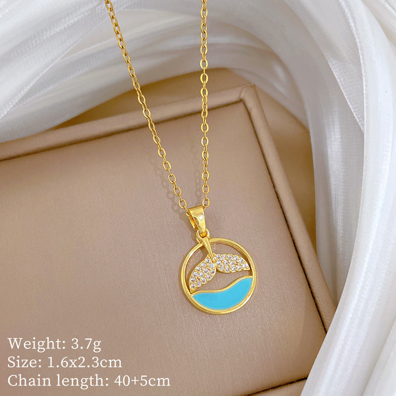 Sweet Minimalist Geometric Fish Tail Rhinestone Pendant Necklace Titanium Steel Cable Chain for Unisex