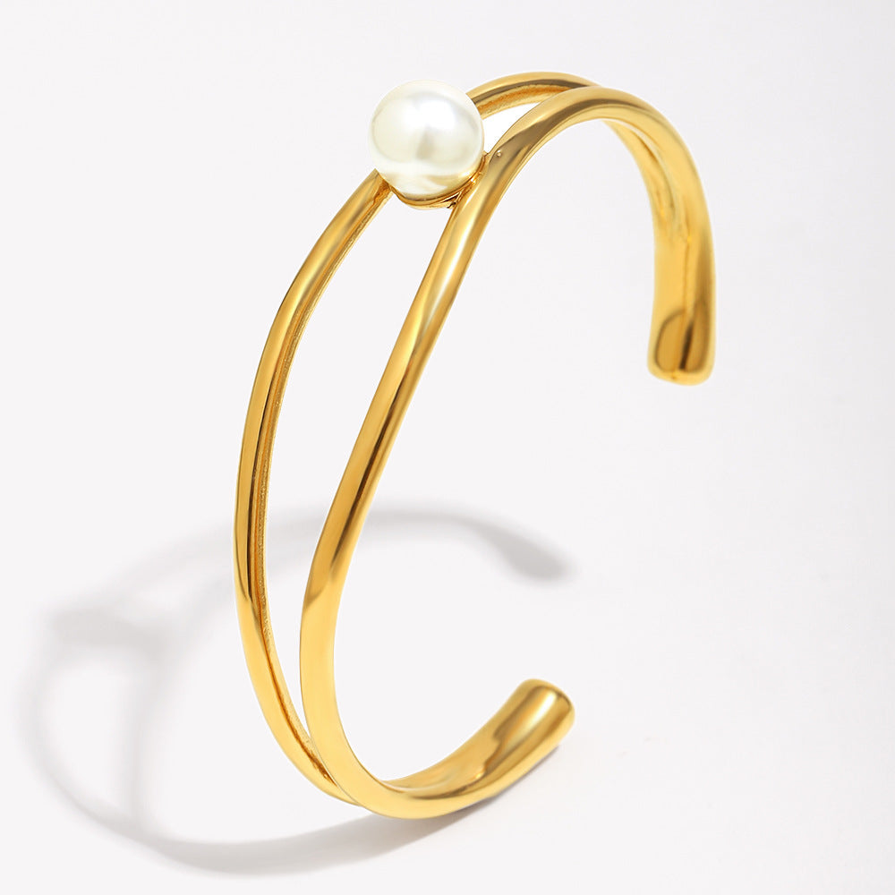 Bracciale da donna a doppio strato placcato oro 18 carati in acciaio inossidabile con design geometrico minimalista e perle simulate