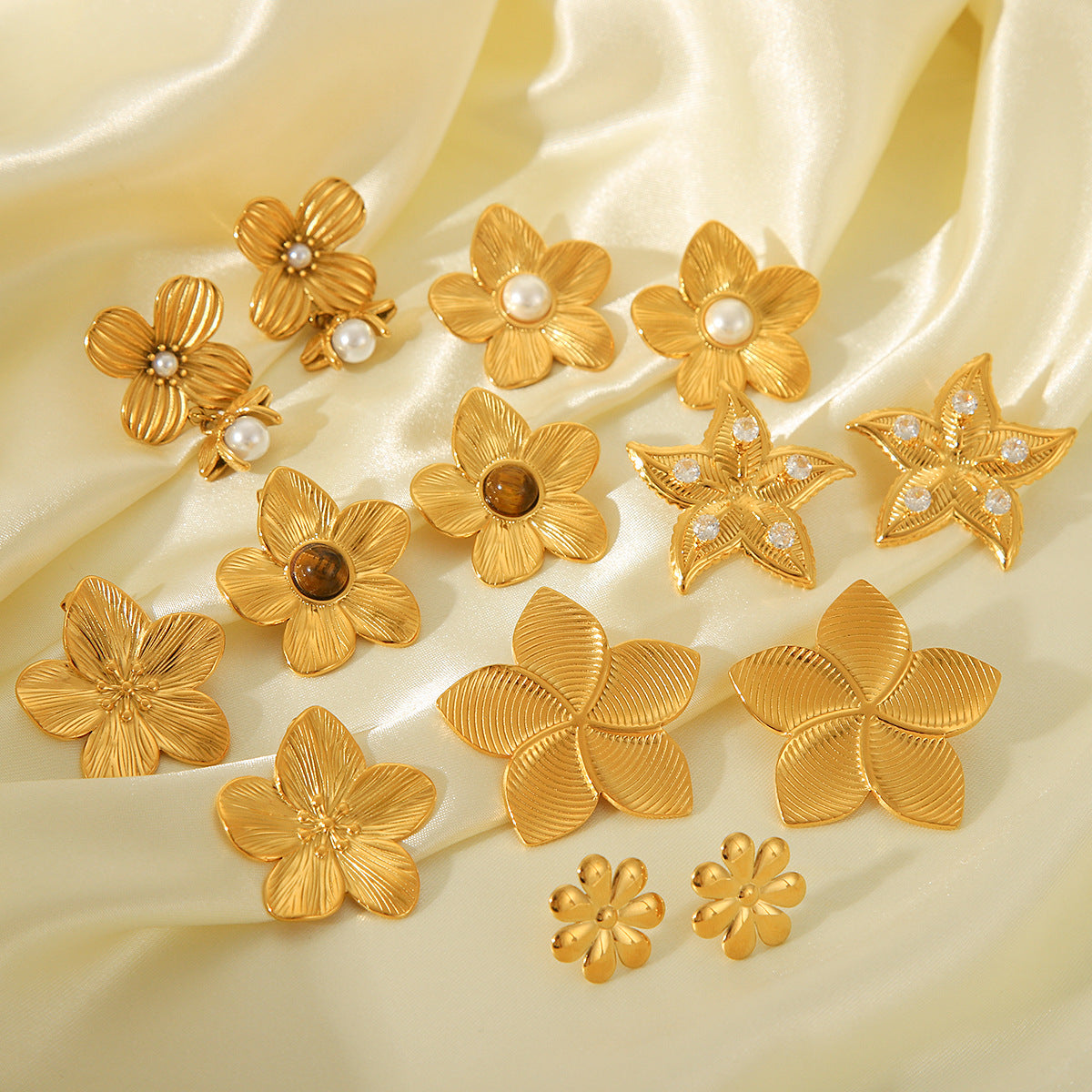 Fashion 18K Gold Plated Textured Five-Petal Flower Stainless Steel Stud Earrings for Women