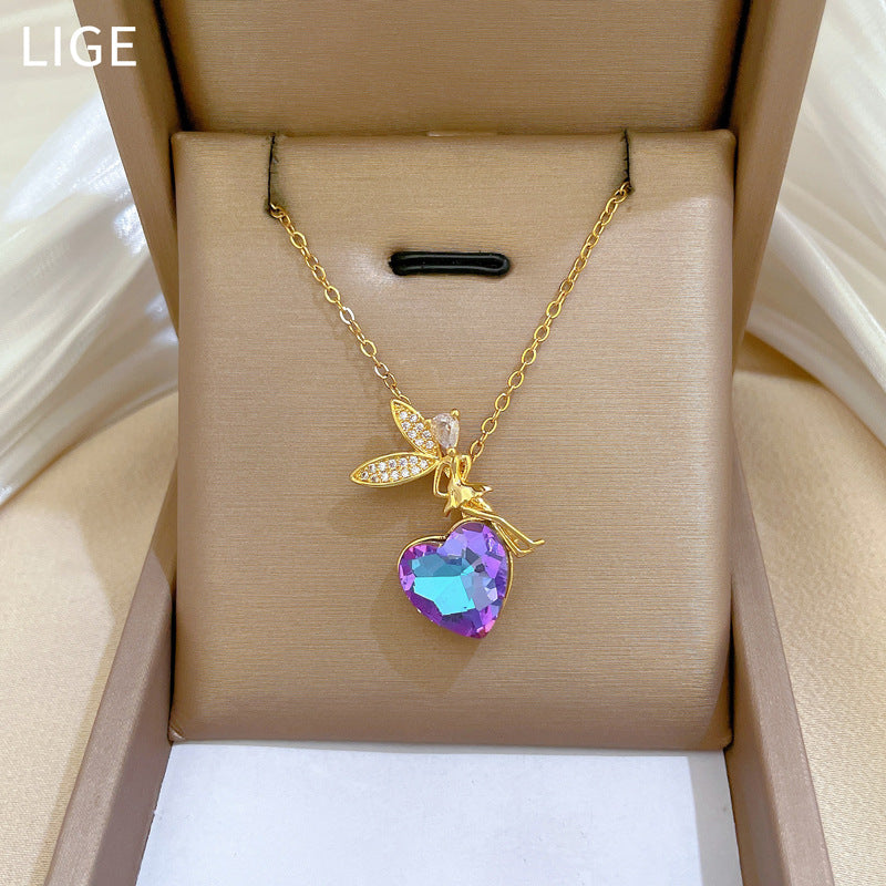 Luxury Sweet Geometric Titanium Steel Necklace with Rhinestone Inlay for Unisex