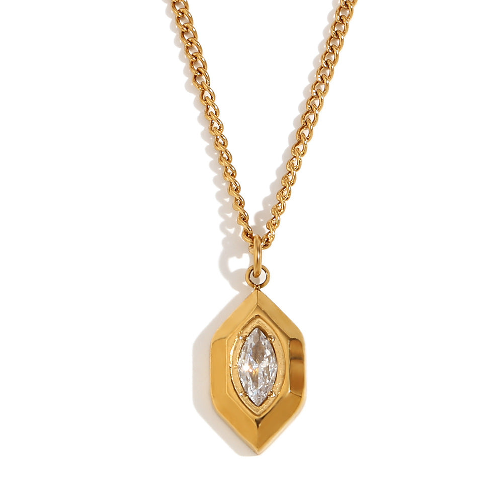 Minimalist Geometric Rhombus Pendant Necklace for Women in Stainless Steel with 18K Gold Plating and White Rhinestone Inlay