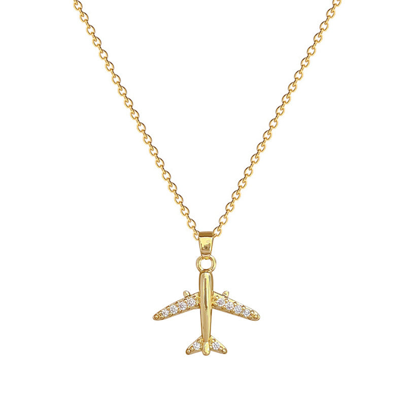 Cartoon Style Airplane-Shaped Stainless Steel Necklace with Rhinestone Inlay for Women and Men, Minimalist Geometric Pendant on Titanium Steel Chain