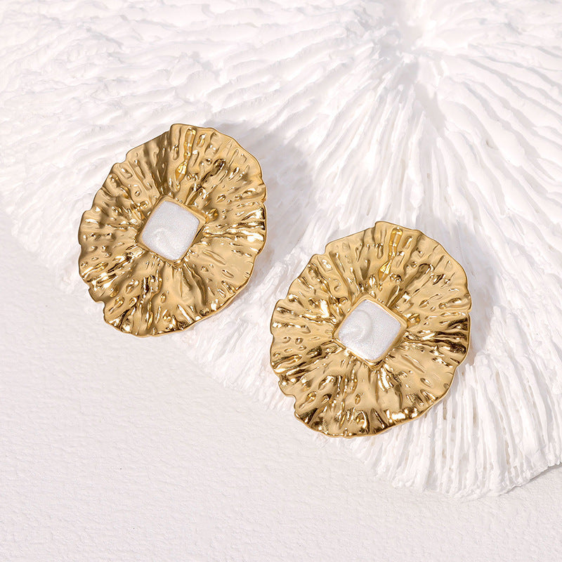 Vintage French-Inspired Geometric Stainless Steel Stud Earrings for Women with Plated Finish