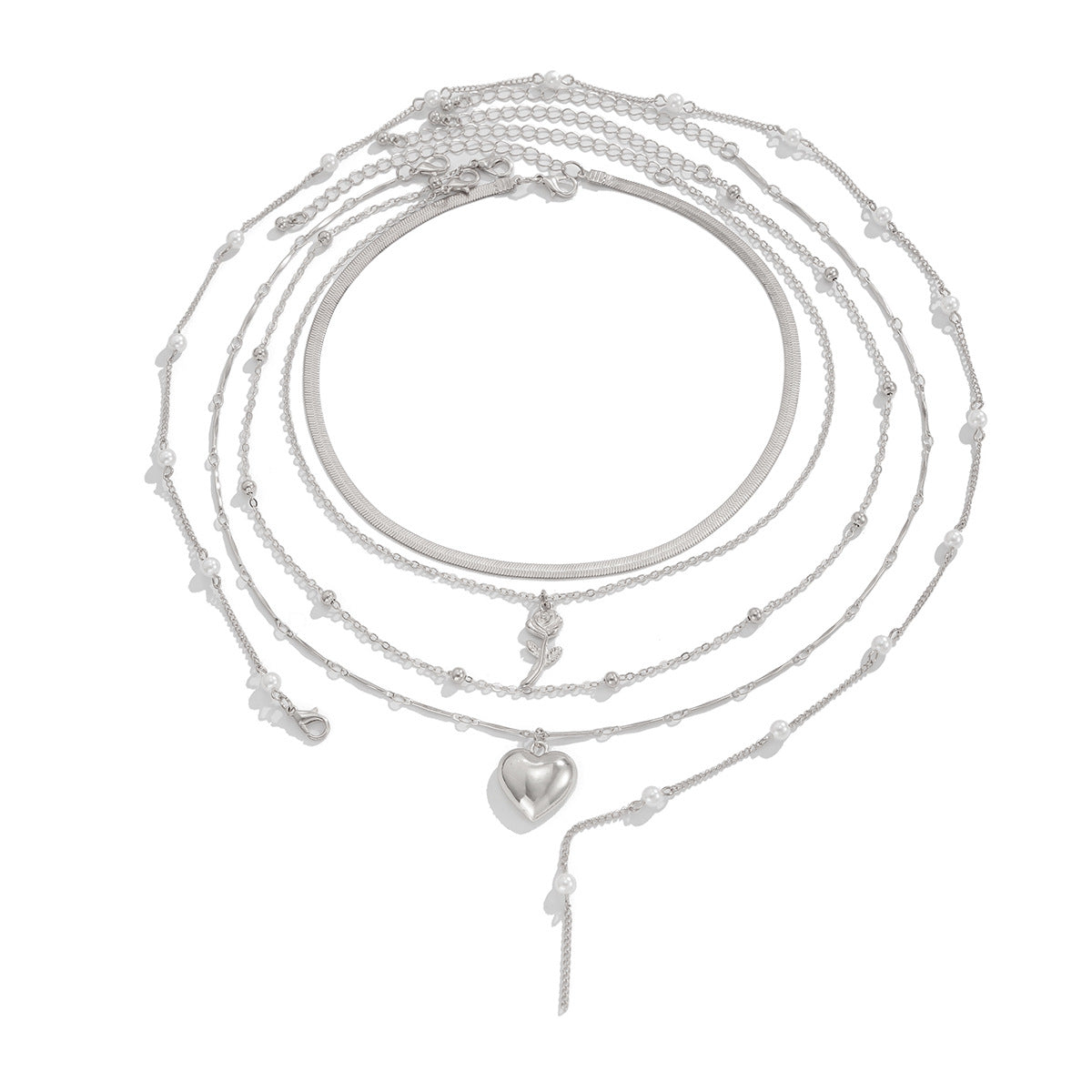 Collar minimalista de capas en forma de corazón con colgante de perlas en cadena de serpiente para mujer