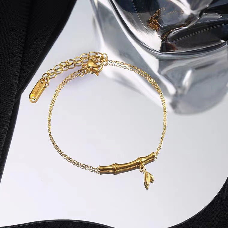 Minimalist Geometric Bamboo Section Necklace 18K Gold Plated Titanium Steel O-Chain Pendant for Women