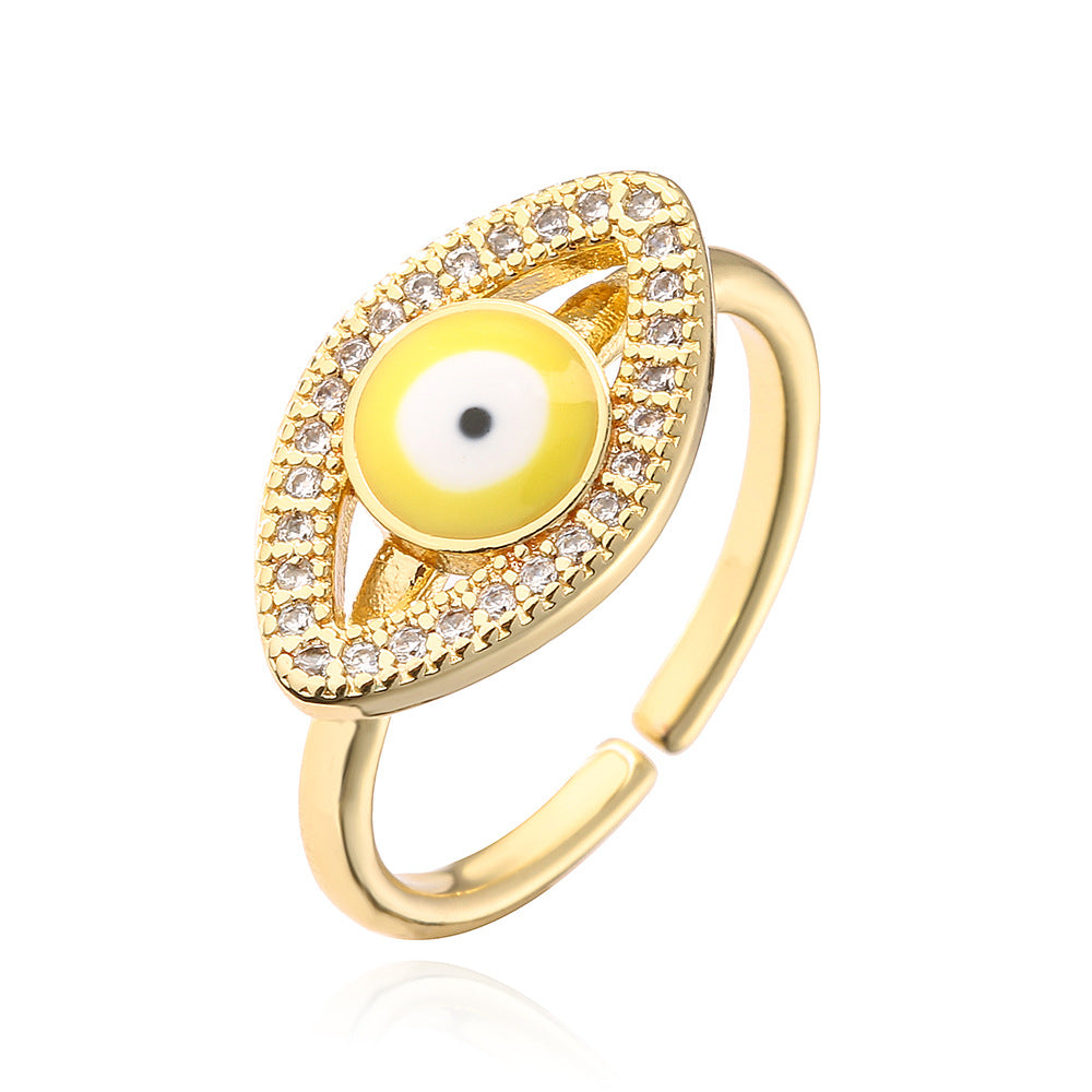 Fashion Geometric Open Ring for Women with Enamel Finish and Zircon Inlay in Copper Plated with Real Gold