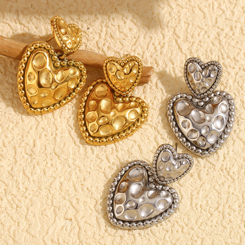 Vintage Fashion Heart-Shaped Earrings in 316L Stainless Steel with 18K Gold Plating and Meteorite Texture