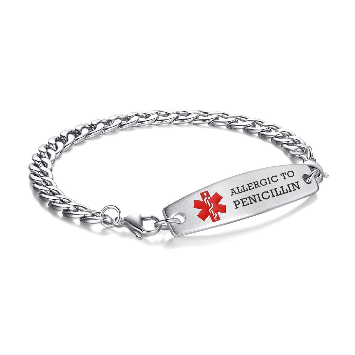 Adjustable Medical ID Bracelet with Engraving Option Stainless Steel Curved Tag Snake Chain for Men and Women