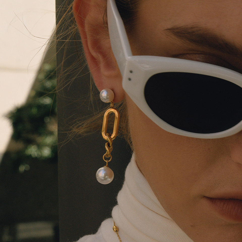 Aretes de acero inoxidable con diseño geométrico minimalista, acabado tipo perla, chapados, para mujer