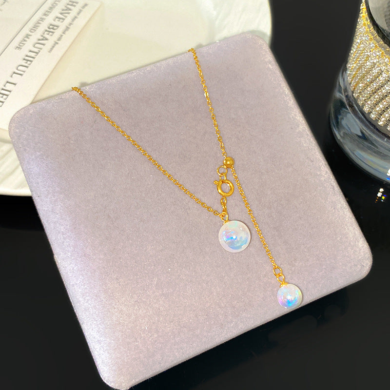 Elegant Iridescent Pearl Tassel Geometric Titanium Steel Plated Necklace for Women