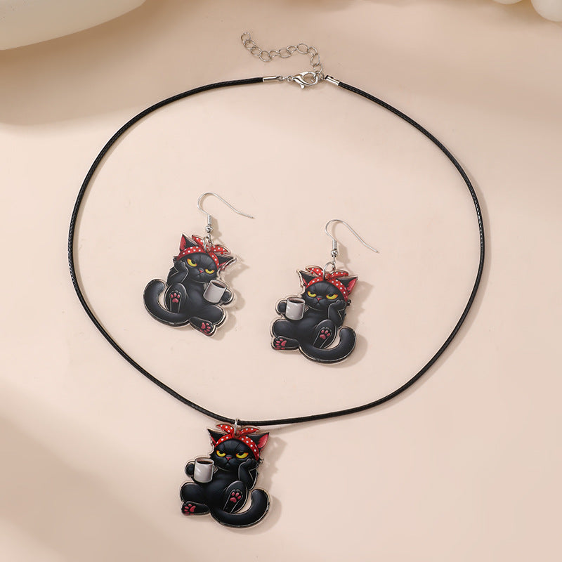 Set di collane con ciondolo a forma di gatto di Halloween per ragazze con design a fiocco, materiale in resina, finitura smaltata, catena a sfere, gioielli per le feste dei bambini