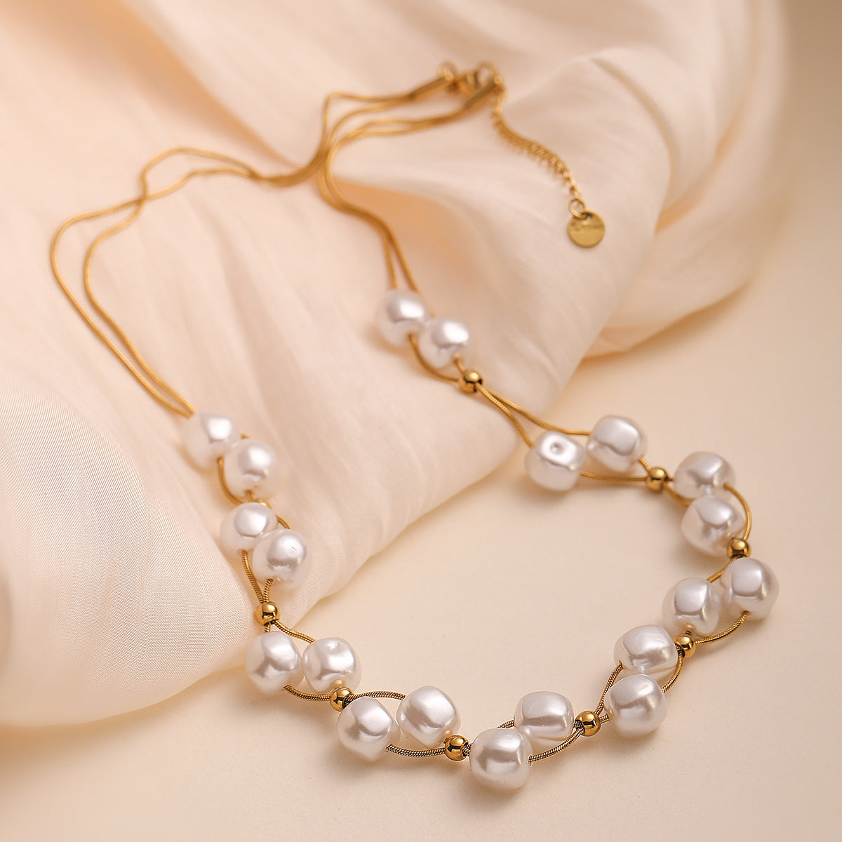 Elegant 18K Gold Plated Stainless Steel Geometric Double Layer Pearl Necklace for Women