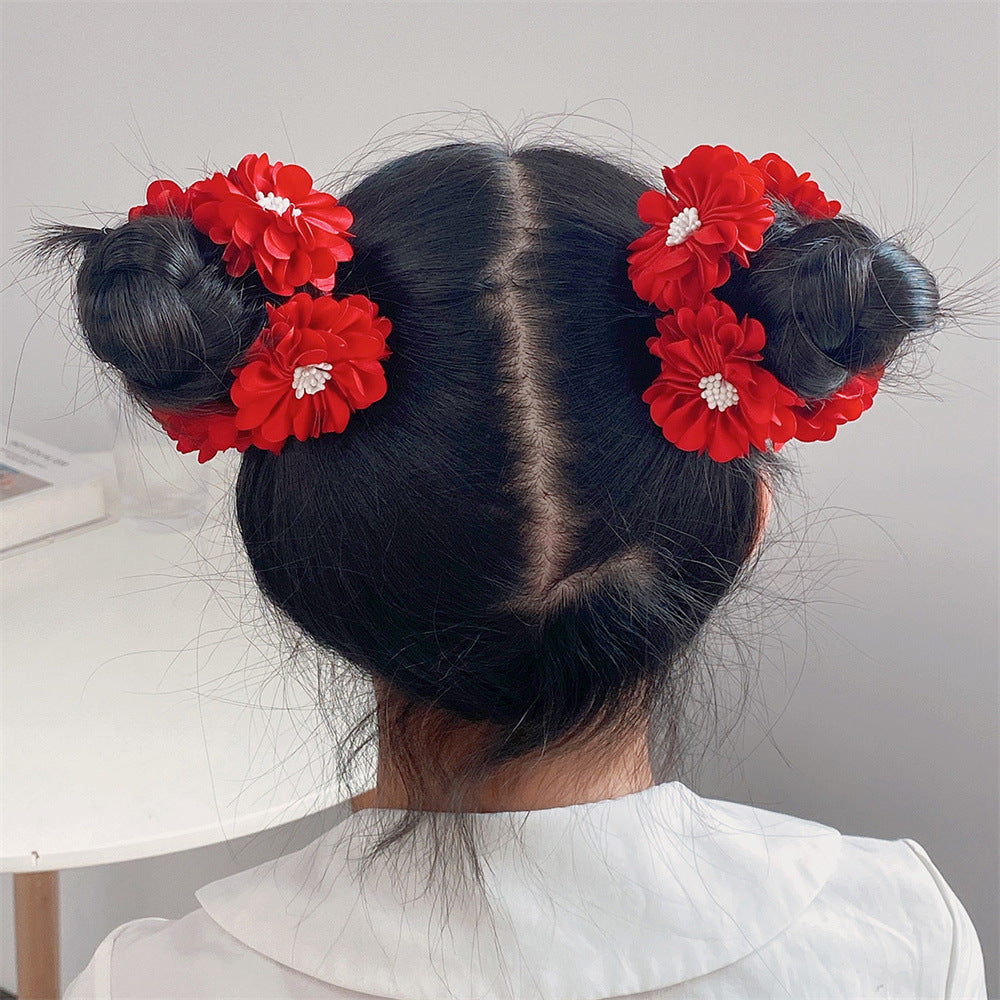 Elegant Floral Hair Ties Set for Kids - Solid Color Fabric Hair Bands with Flower Embellishment in Princess Style