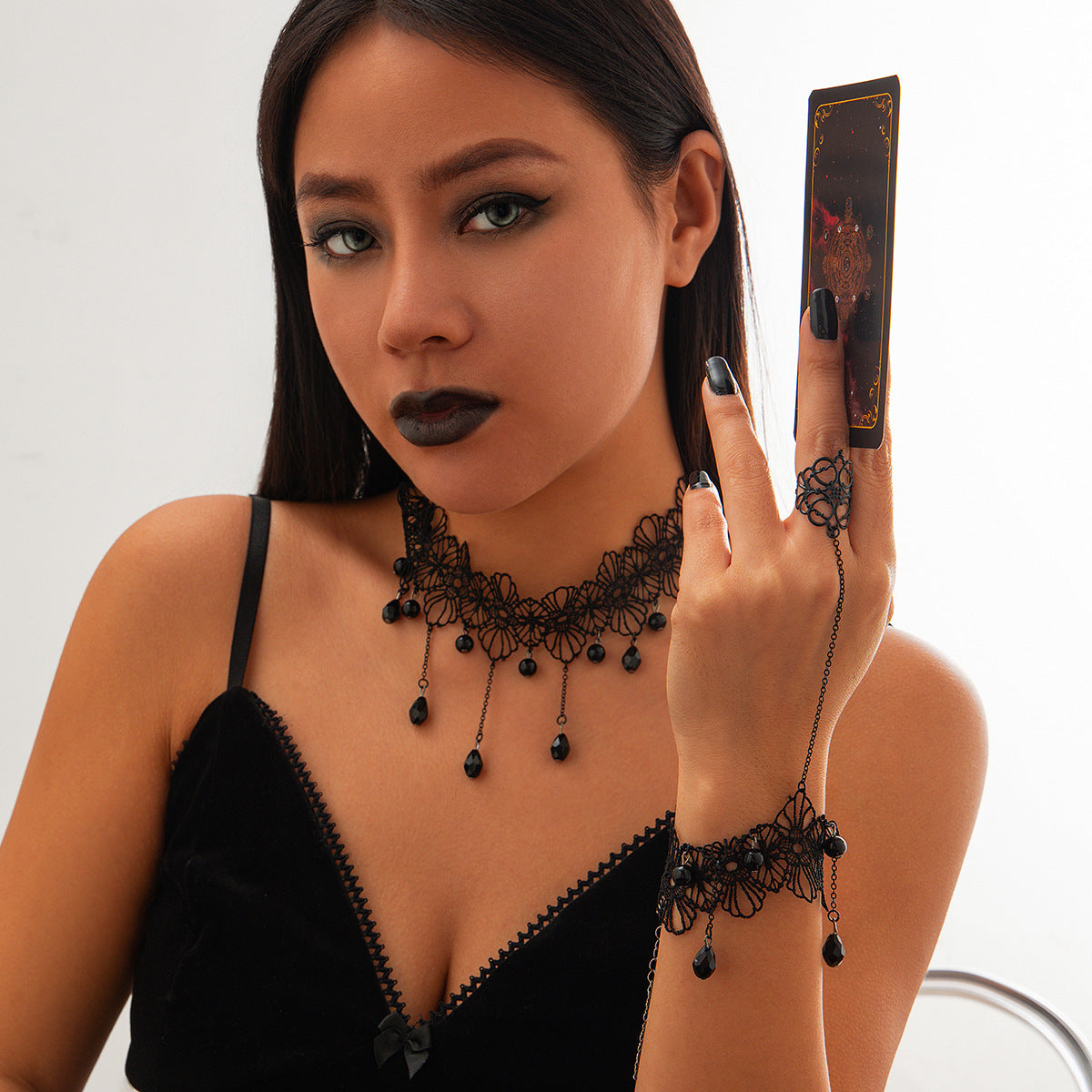 Gothic Moon Alloy Plated Necklace Set with Lace Tassel Choker for Women