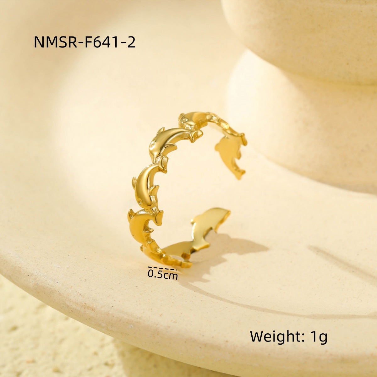 Anello da donna in acciaio inossidabile con delfino geometrico di lusso e lisca di pesce, placcato oro 18 carati, fascia aperta regolabile