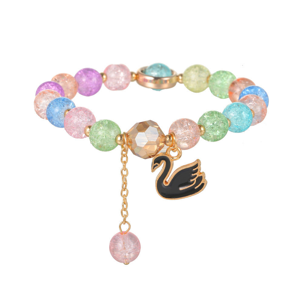 Sweet Natural Round Glass Beaded Bracelet with Drip Oil Starfish Shell Swan Charms and Crackle Texture