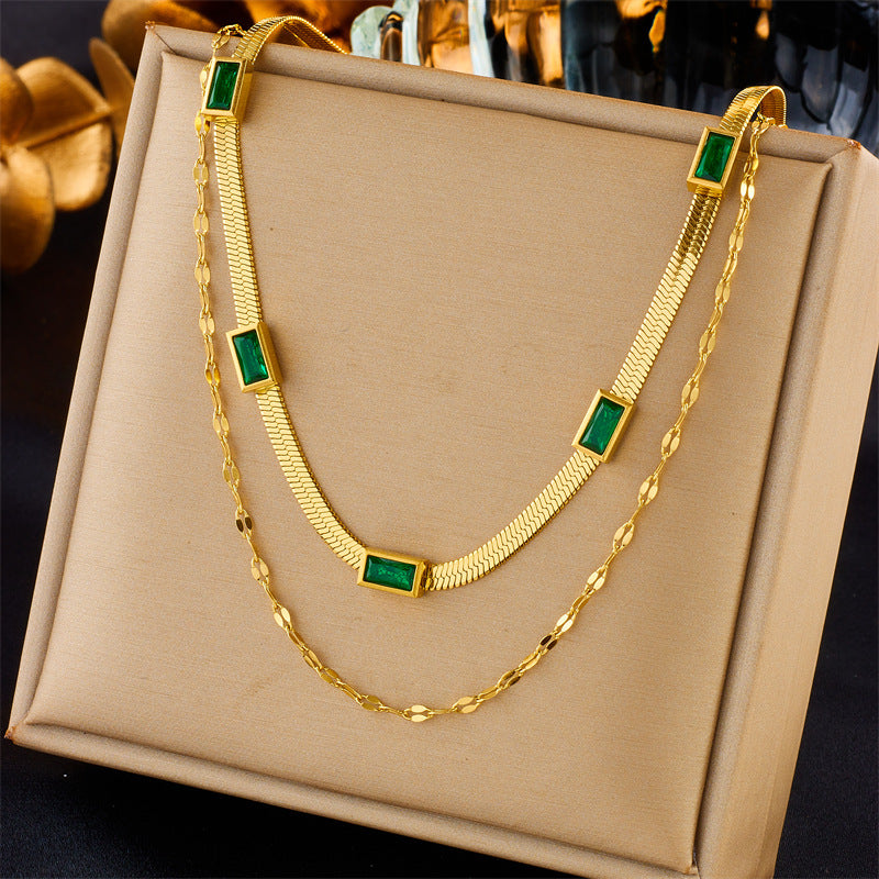 Vintage Fashion Double-Layer Blade Pendant Necklace in Titanium Steel with Rhinestone Inlay on Snake Chain for Women