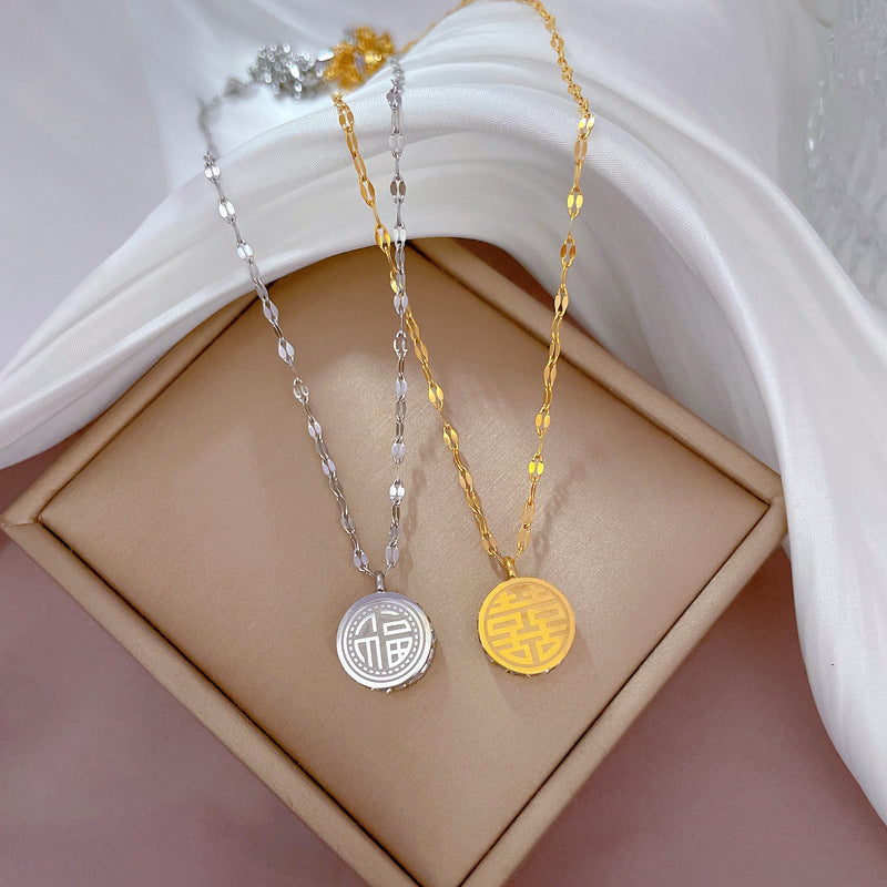 Titanium Steel Gold-Plated Double-Sided Feng Shui Pendant Necklace with Rhinestone Inlay for Women Locket Style Clavicle Chain