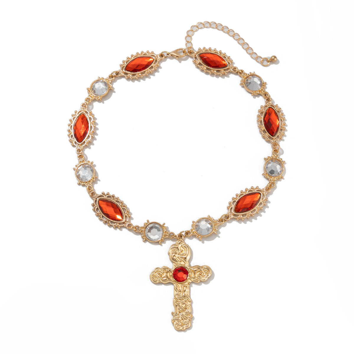 Exaggerated Cross Pendant Necklace for Women in Alloy with Rhinestone Inlay and Lava-Like Liquid Metal Design