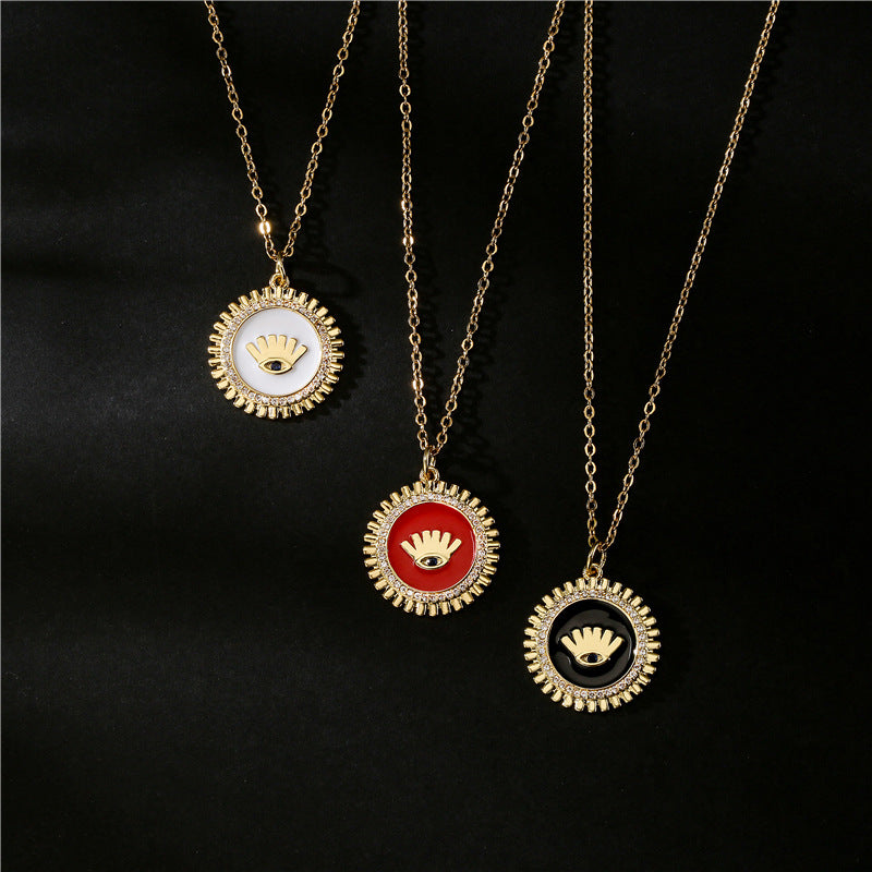 Gold Plated Brass Geometric Eye Pendant Necklace with Black White Red Drip Oil and Cubic Zirconia Inlay for Women