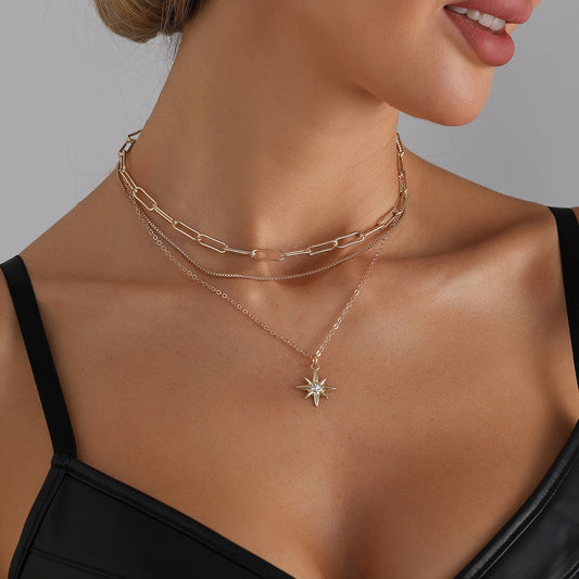 Minimalist Vintage Rhinestone Star Geometric Alloy Plated Necklace Multi-layer Cable Chain for Women