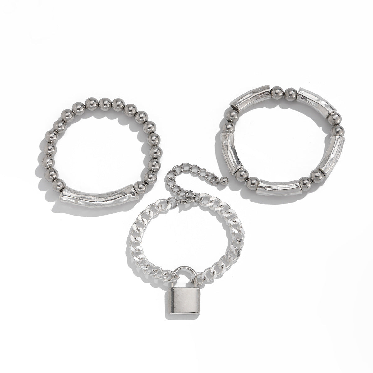 Vintage Lock-Shaped Alloy Bracelet Set with Plated Finish for Women, Stackable Elastic Beaded Bracelets Featuring Tassel and Chain Accents
