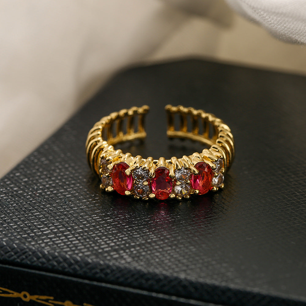 Geometric Open Ring for Women in Copper with 18K Gold Plating and Zircon Inlay, Minimalist Luxury Fashion Accessory