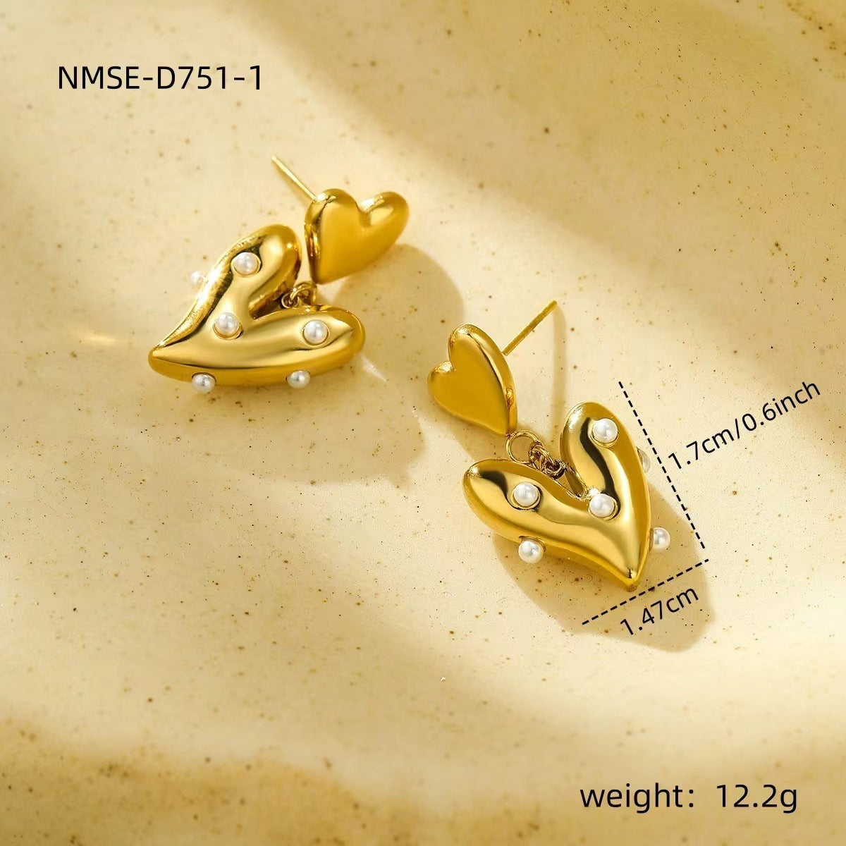 Fashionable Geometric Glossy Heart-Shaped Stainless Steel Earrings with Pearl Inlay for Women
