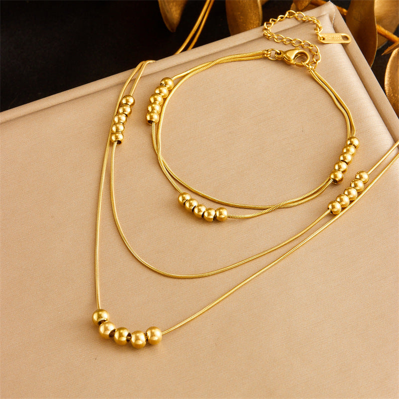 Minimalist Stainless Steel Snake Chain Beaded Sphere Bracelet and Necklace Set