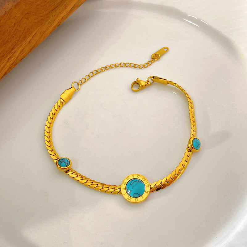 Minimalist Gold Plated Titanium Steel Cuban Link Chain Bracelet with Geometric Letter and Turquoise Inlay for Unisex