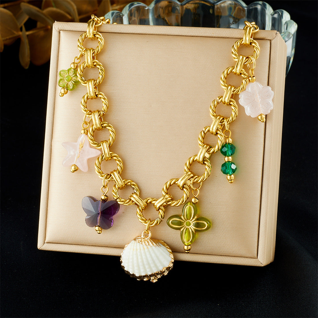 Luxury Gold Plated Stainless Steel Cable Chain Necklace with Butterfly Flower Star Acrylic Pendant for Women