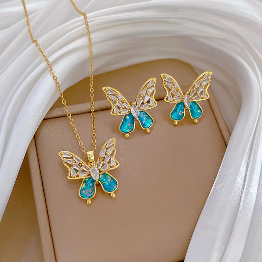 Minimalist Blue Bow Titanium Steel Necklace and Earrings Set with Rhinestone Inlay for Women