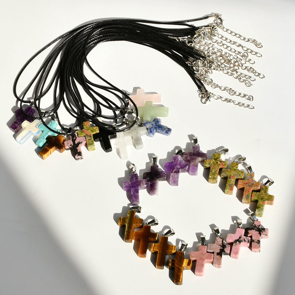 Minimalist Cross Crystal Agate Turquoise Pendant Necklace Unisex