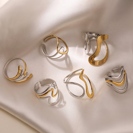 Anillo abierto de acero inoxidable geométrico minimalista para mujer con detalles de micro-pavé y diseño irregular