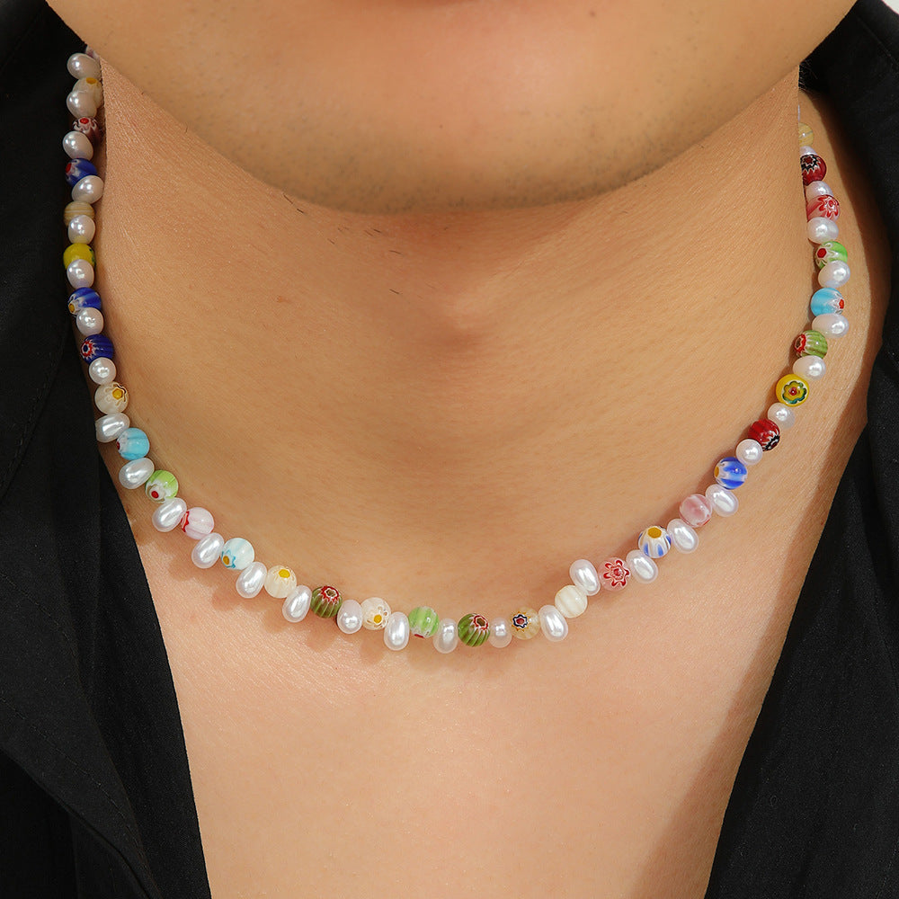 Bohemian Colorful Glass Bead Imitation Pearl Asymmetric Geometric Handmade Necklace for Unisex