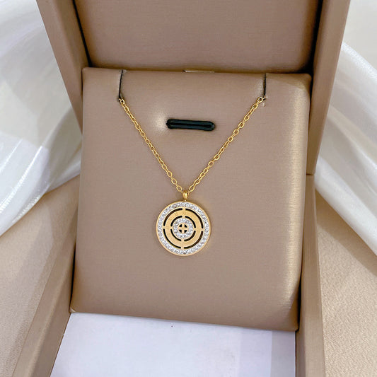 Minimalist Geometric Roman Disc Titanium Steel Necklace with Gold Plating for Women and Men