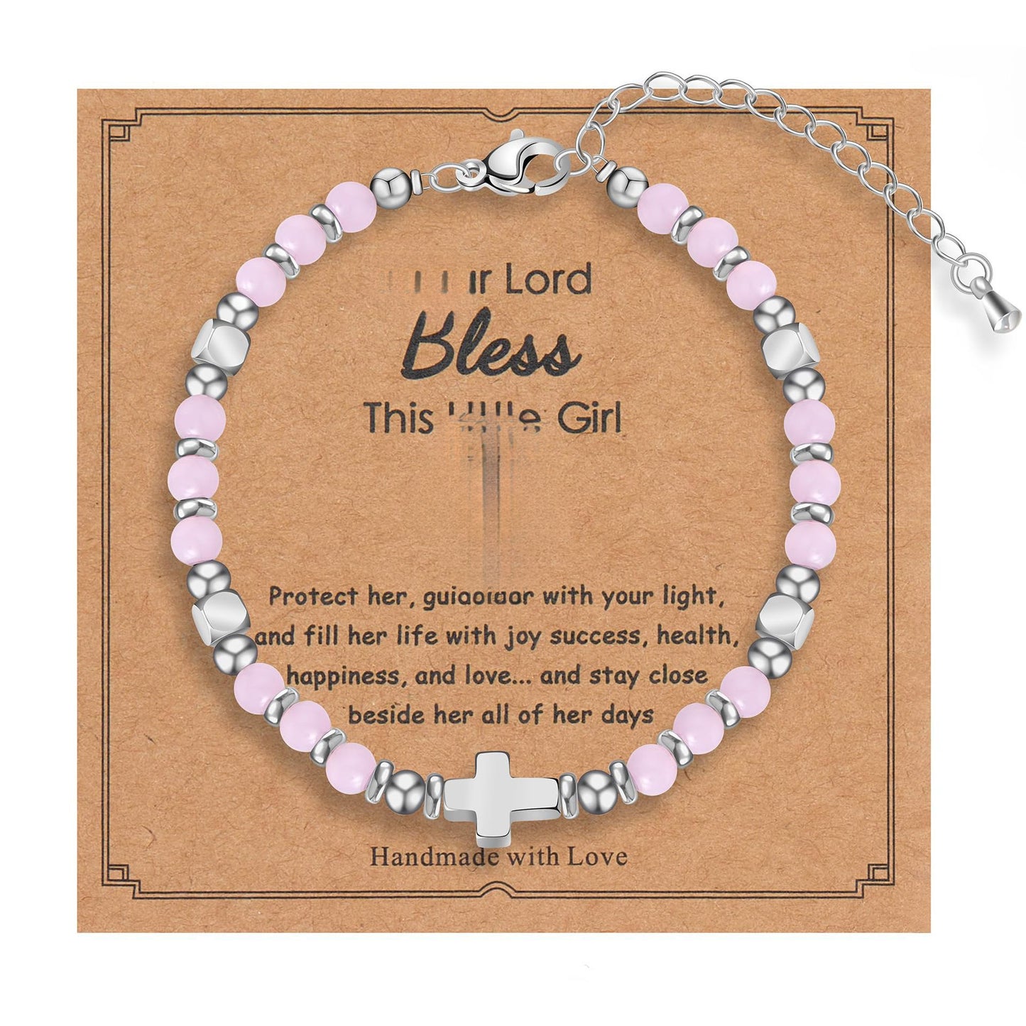 Minimalist Cross Stainless Steel Ball Chain Bracelet with Pink Crystal and Blue Turquoise for Women