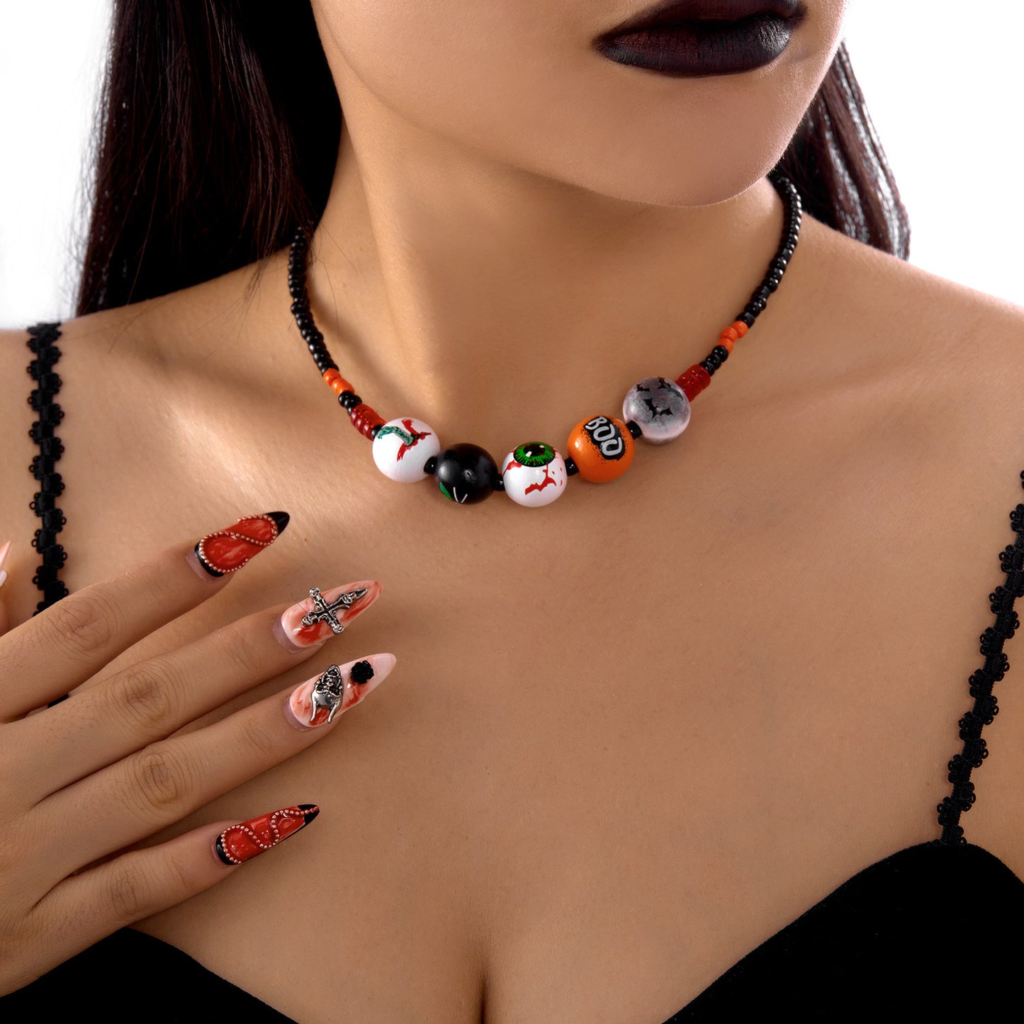 Collar gótico oscuro hecho a mano con cuentas de madera, estampado de murciélago y fantasma, colgante de forma geométrica, joyería unisex de Halloween