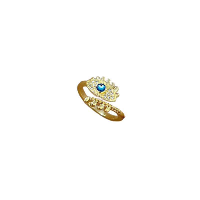 Minimalist Sweet Gold Plated Brass Eye Ring with Rhinestones Adjustable Open Band for Couples