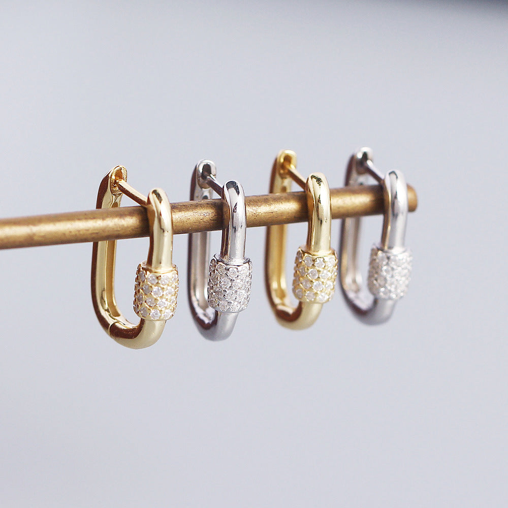 Geometric Oval S925 Sterling Silver Ear Cuffs with Rhinestone Inlay for Women